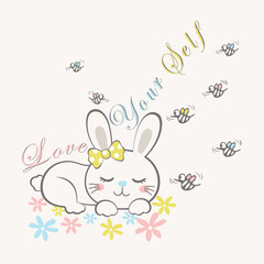 Obraz premium Adorable bunny rabbit vector illustration surrounded by bright and vibrant flowers in a whimsical nature scene 