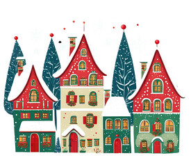 Naklejka premium Whimsical Christmas Village in Snow. Christmas Winter landscape wiith a charming Christmas houses in naive cartoon style. 