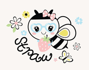 Vector illustration of a bee with vibrant flowers, surrounded by cheerful and beautiful details