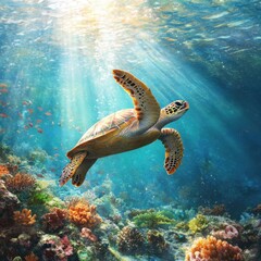 Obraz premium Graceful sea turtle swimming through vibrant coral reef in a stunning underwater landscape