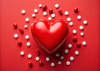 Obraz premium Drone footage captures a red heart, marred by blisters, encircled by a scattering of medication, highlighting heart treatment.