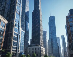 Fototapeta premium Skyscrapers and high-rise buildings in a bustling city against a clear blue sky, modern design, concrete jungle, metropolitan area