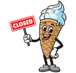 Ice Cream with closed sign,  Cartoon Character Mascot Illustration Vector Clip-art Hand-drawn Logo Design