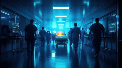 Emergency medical team rushing patient on gurney down a brightly lit hospital corridor.