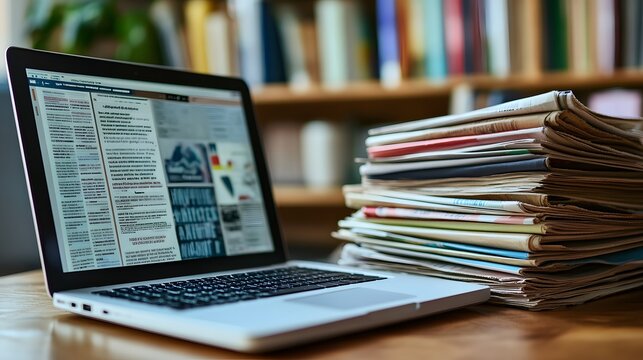 Laptop and Stack of Newspapers Showcasing Online and Print Media