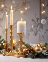 Snow covered background with elegant gold candle holder and festive Christmas decorations, celebration, decoration, candle