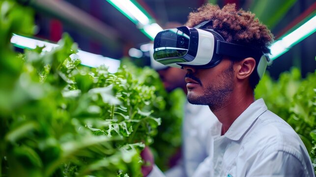 Young man wearing virtual reality headset while inspecting fresh green lettuce in modern indoor farm, showcasing technology and agriculture innovation - Powered by Adobe