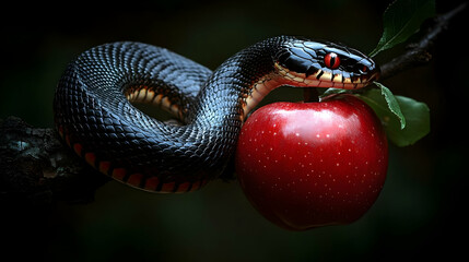 Obraz premium Black Snake Coils Around Red Apple Branch, Dark