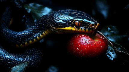 Black Snake Eats Red Apple in Dark Garden, Mysterious Night