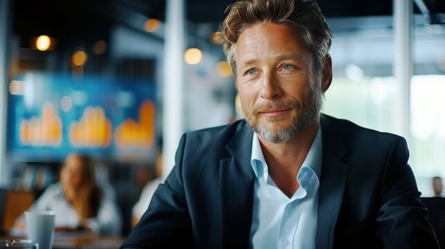 Professional businessman in a modern office environment with a confident smile, looking engaged in a meeting, showcasing leadership and approachability