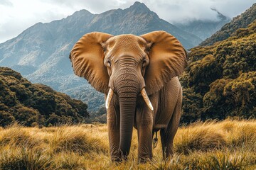 Majestic African elephant standing in a grassy field, mountains in the background.  A powerful and serene wildlife image.