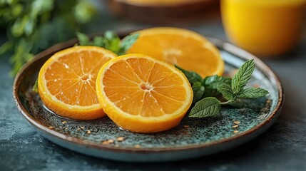 Fresh orange slices on a decorative plate with mint leaves.