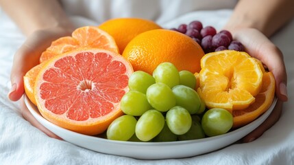 A person holding a plate of assorted fresh fruits, showcasing vibrant colors and textures.