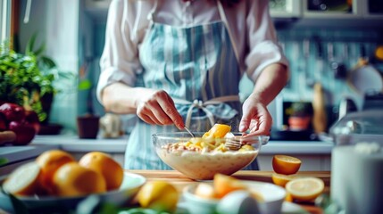 Naklejka premium Woman Preparing a Healthy Breakfast with Fresh Fruits and Oats in a Cozy Kitchen Setting, Emphasizing Nutrition and Homemade Cuisine