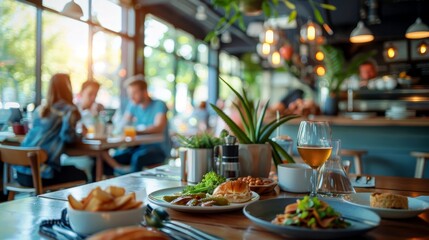 Fototapeta premium Inviting Restaurant Interior with Cozy Atmosphere and Delicious Dishes Served on Wooden Table Surrounded by Bright Natural Light