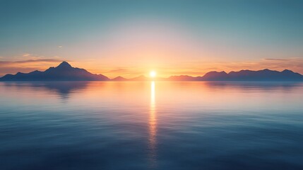 Serene sunset over calm water reflecting mountains.