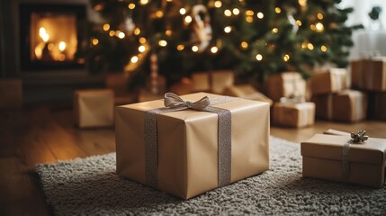Festive Christmas Gift Box Under the Tree, Wrapped Presents, Warm Fireplace, Holiday Season