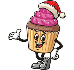 Cupcake wearing a christmas hat,  Cartoon Character Mascot Illustration Vector Clip-art Hand-drawn Logo Design