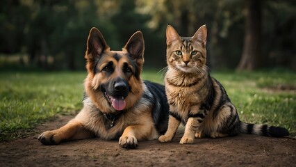German Shepherd Dog and Tabby Cat Friends Relaxing in Grass