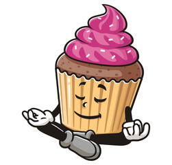 Meditating Cupcake Cartoon Character Mascot Illustration Vector Clip-art Hand-drawn Logo Design