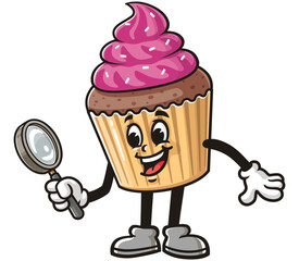 Cupcake with magnifying glass,   Cartoon Character Mascot Illustration Vector Clip-art Hand-drawn Logo Design