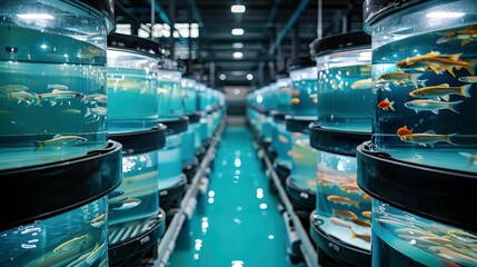 Fototapeta premium Brightly Lit Aquaculture Facility with Multiple Cylindrical Tanks Filled with Colorful Fish Swimming in Clear Water