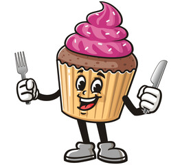 Cupcake with fork and knife,   Cartoon Character Mascot Illustration Vector Clip-art Hand-drawn Logo Design