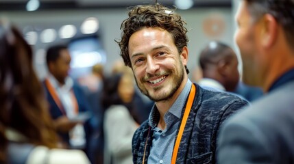 Fototapeta premium Smiling man with curly hair at a busy networking event, engaging in conversation and connecting with professionals in business attire, warm atmosphere and excitement
