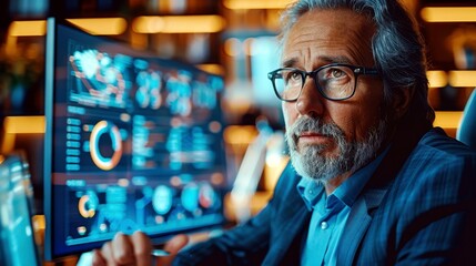 Contemplative middle-aged man analyzing data on computer screen in a modern office environment with vibrant digital graphics for business decision-making