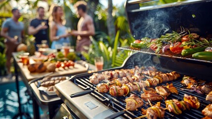 Naklejka premium Outdoor Barbecue Party Scene with Grilling Skewers and Fresh Vegetables Surrounded by Friends Enjoying a Summer Gathering in a Lush Garden Setting