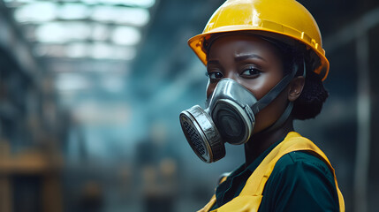 Naklejka premium A woman adorned in a vibrant yellow helmet and protective gas mask stands confidently in a hazardous work environment. Her sturdy attire hints at the dangerous nature of her surroundings.