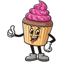Cupcake with thumb up pose,  Cartoon Character Mascot Illustration Vector Clip-art Hand-drawn Logo Design