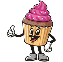 Cupcake with mustache,  Cartoon Character Mascot Illustration Vector Clip-art Hand-drawn Logo Design