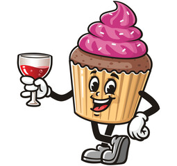 Cupcake with a glass of drink,  Cartoon Character Mascot Illustration Vector Clip-art Hand-drawn Logo Design