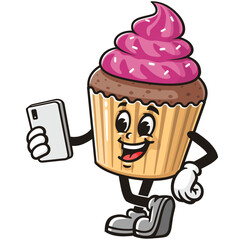 Cupcake with gadget,  Cartoon Character Mascot Illustration Vector Clip-art Hand-drawn Logo Design