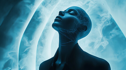 A woman's head is shown in a blue light with smoke surrounding her