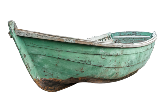 Classic Green Old-Fashioned Boat Anchored on a Calm Lake with isolated on transparent background