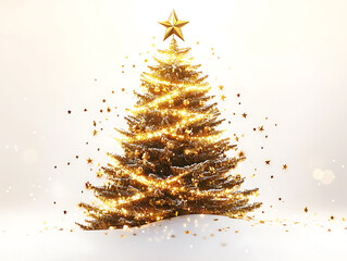 A golden Christmas tree with a star at the top and decorated with golden balls around the tree. There is a gift box placed on the tree.