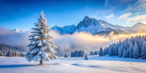 Obraz premium Winter Mist Snowscape: Frozen Forest, Misty Mountains, Snowy Peaks, Cold Wilderness