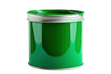 Bright Green Paint Can with Brush Resting on Top and Splash of Paint with isolated on transparent background