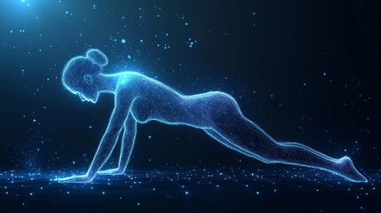 Abstract Yoga Plank Pose with Dark Blue Background, Highlighting Low Poly Wireframe, Dynamic Lines, and Glowing Particles for a Futuristic and Sleek Aesthetic.