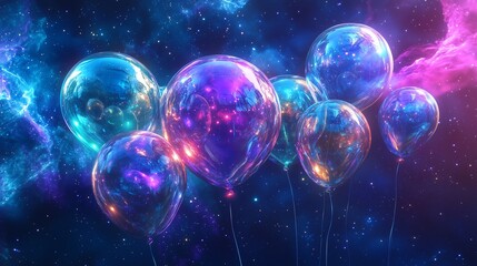 Glowing planet-shaped balloons floating in deep space, surrounded by stars and a nebula in vibrant purple and blue hues, evoking cosmic wonder.
