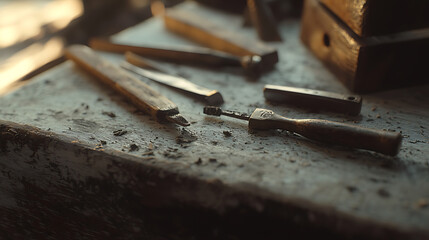 A table with a bunch of tools on it, including a pair of scissors and a knife