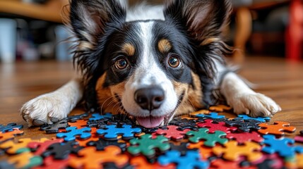 Playful dog lying on a wooden floor surrounded by colorful puzzle pieces, showcasing curiosity and joy in a cozy indoor setting.