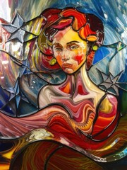 Vibrant Stained Glass Portrait of a Woman with Abstract Design