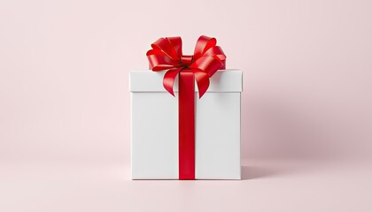 Obraz premium A white gift box adorned with a vibrant red ribbon and bow against a pale pink backdrop.