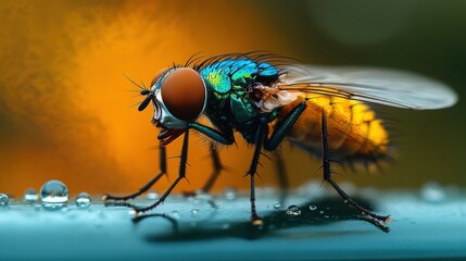 Fototapeta premium Close-up of a vibrant green and yellow fly on a dewy surface.