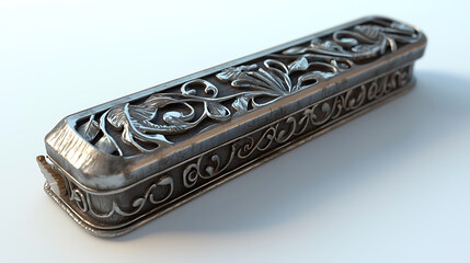 A silver object with a floral design sits on a white background
