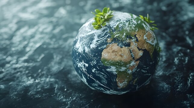 Small globe with tiny plants on a dark surface, representing environmental fragility.
