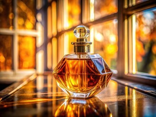 Luxury amber perfume: a macro close-up showcasing its elegant scent in a glass bottle, bathed in window light.